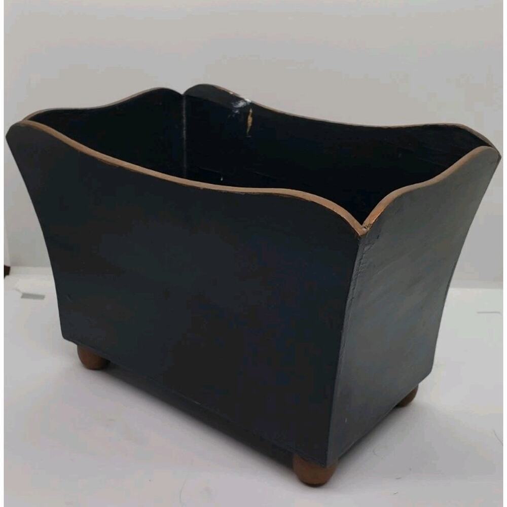 Vintage Toleware Hand Painted Roses Black Jardiniere Cache Pot Decor Vanity - Picture 5 of 12